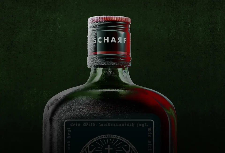 A close-up of a dark glass bottle with a textured dark green background. The bottle has a frosted cap with a red top and the name 'SCHARF' printed in white.