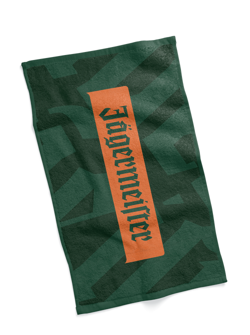 Jägermeister green bar towel featuring a tonal geometric pattern and orange Jägermeister logo.