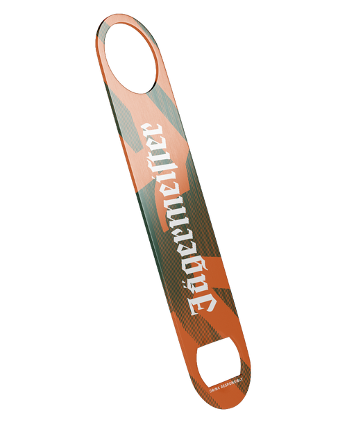 Jägermeister speed bottle opener in green and orange featuring a striped graphic pattern and bold white Jägermeister logo, shown in full length.
