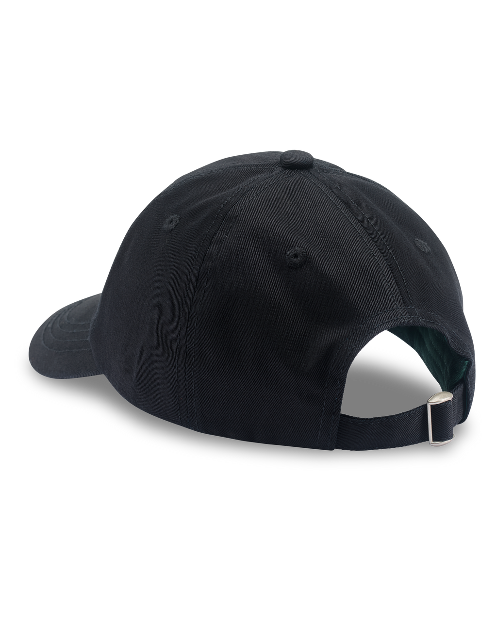Gorra de papá negra de Jägermeister por detrás. No se ve ningún logotipo.