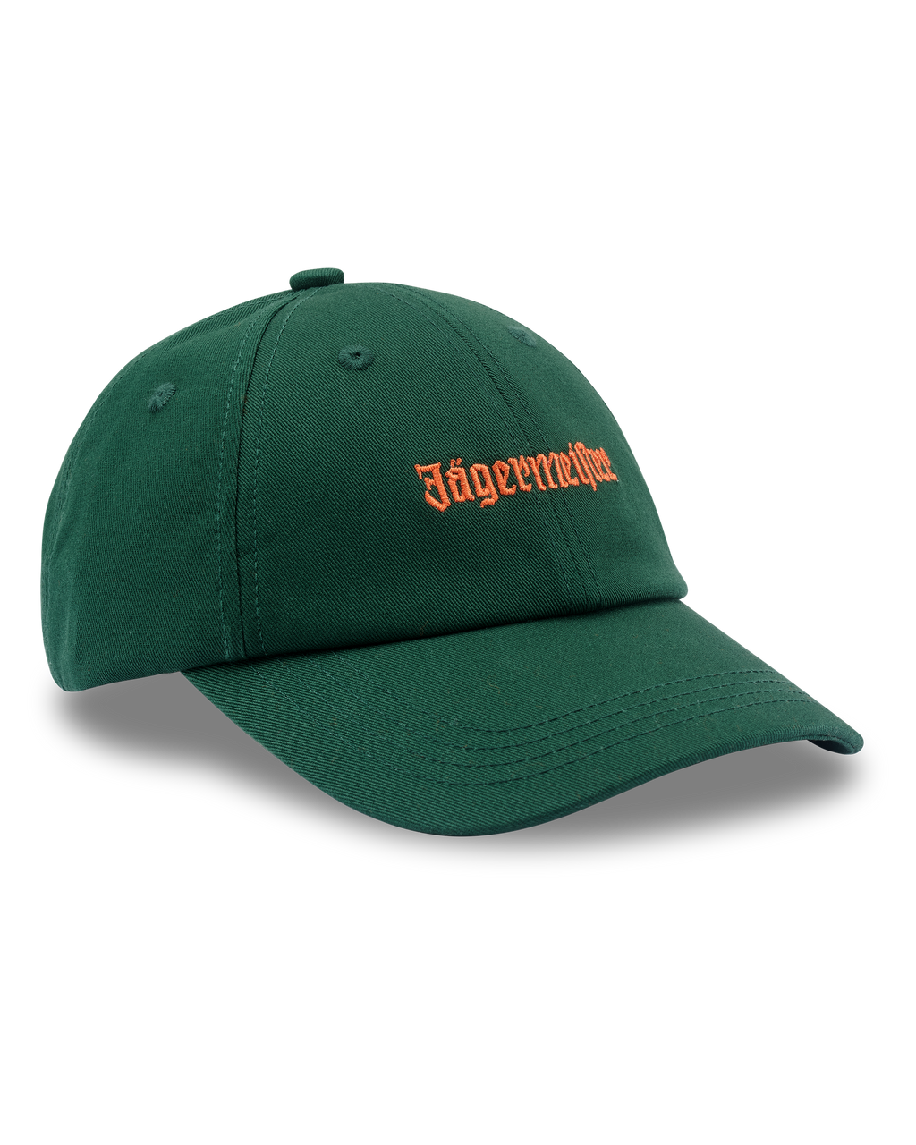 Gorra tipo dad verde de Jägermeister con un logotipo naranja de Jägermeister en la parte frontal.