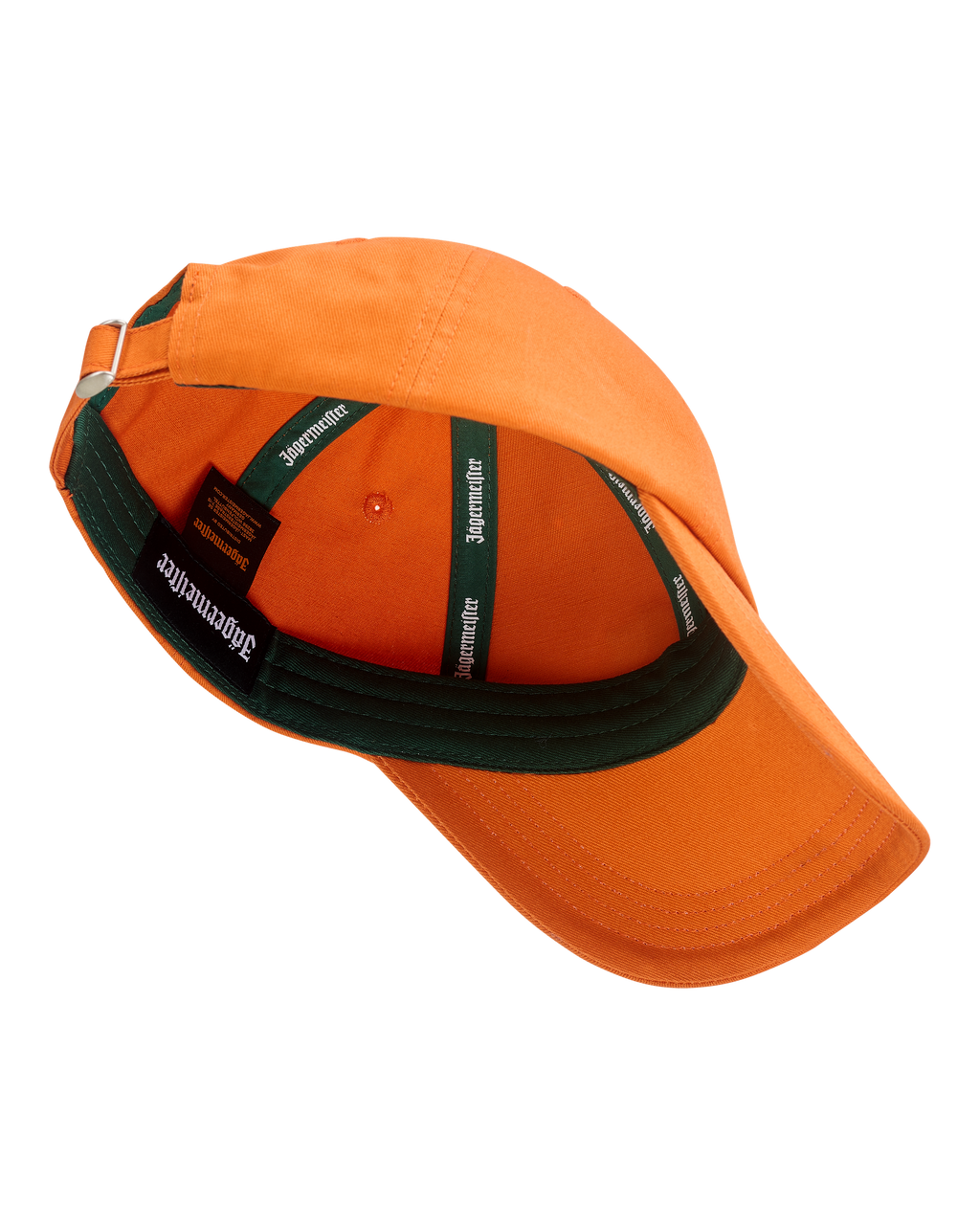 Gorra de papá naranja de Jägermeister con visera verde.