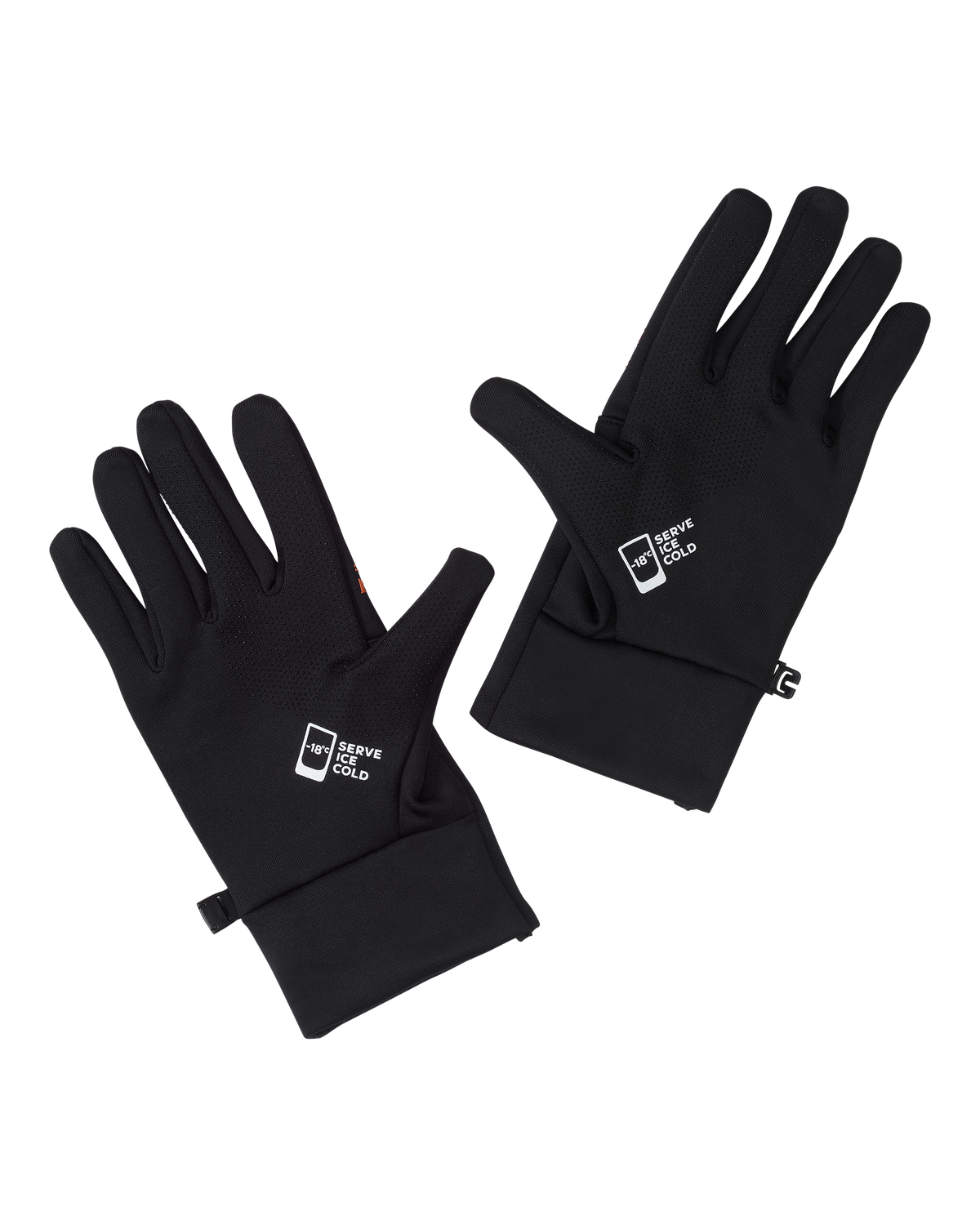 Pair of black gloves with Jägermeisters 'Serve Ice Cold' logo.