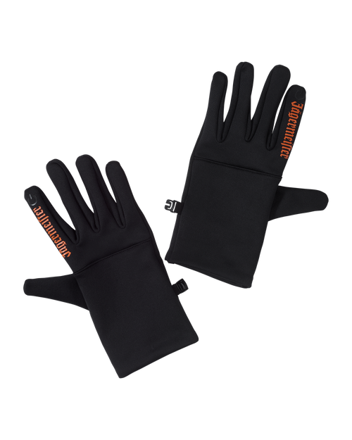 Black Jägermeister gloves with orange Jägermeister wordmark on the indicating finger.