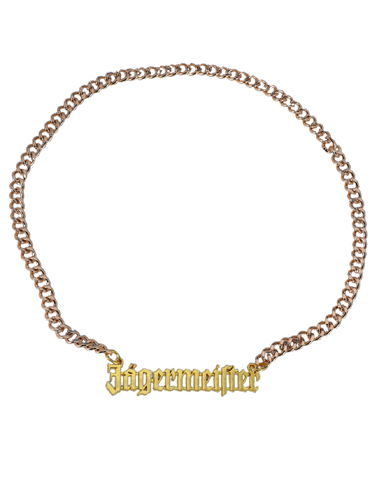 Gold chain necklace with 'Jägermeister' charm.