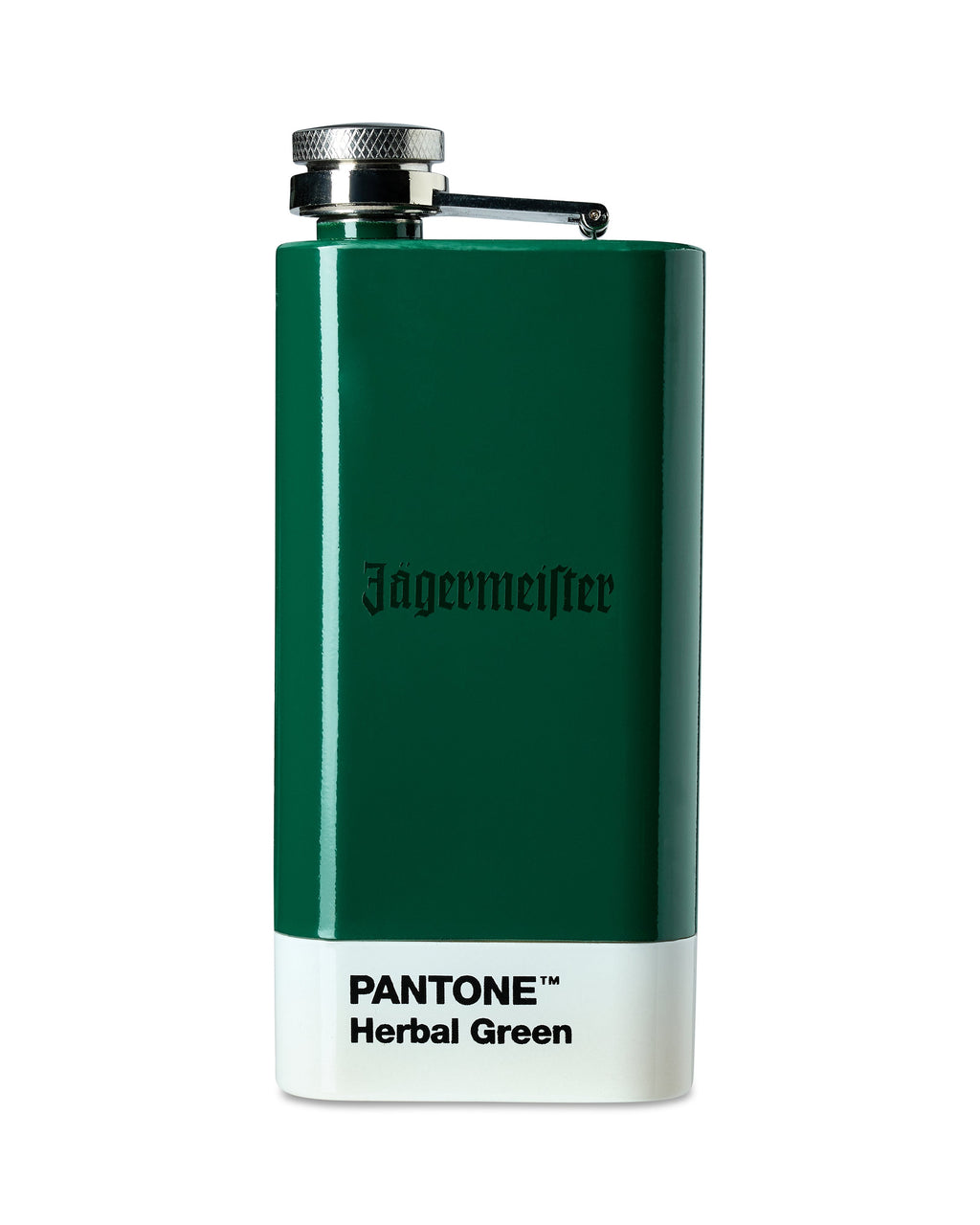 Frasco verde con 'Jägermeifter' y el texto 'Pantone Herbal Green' sobre fondo blanco