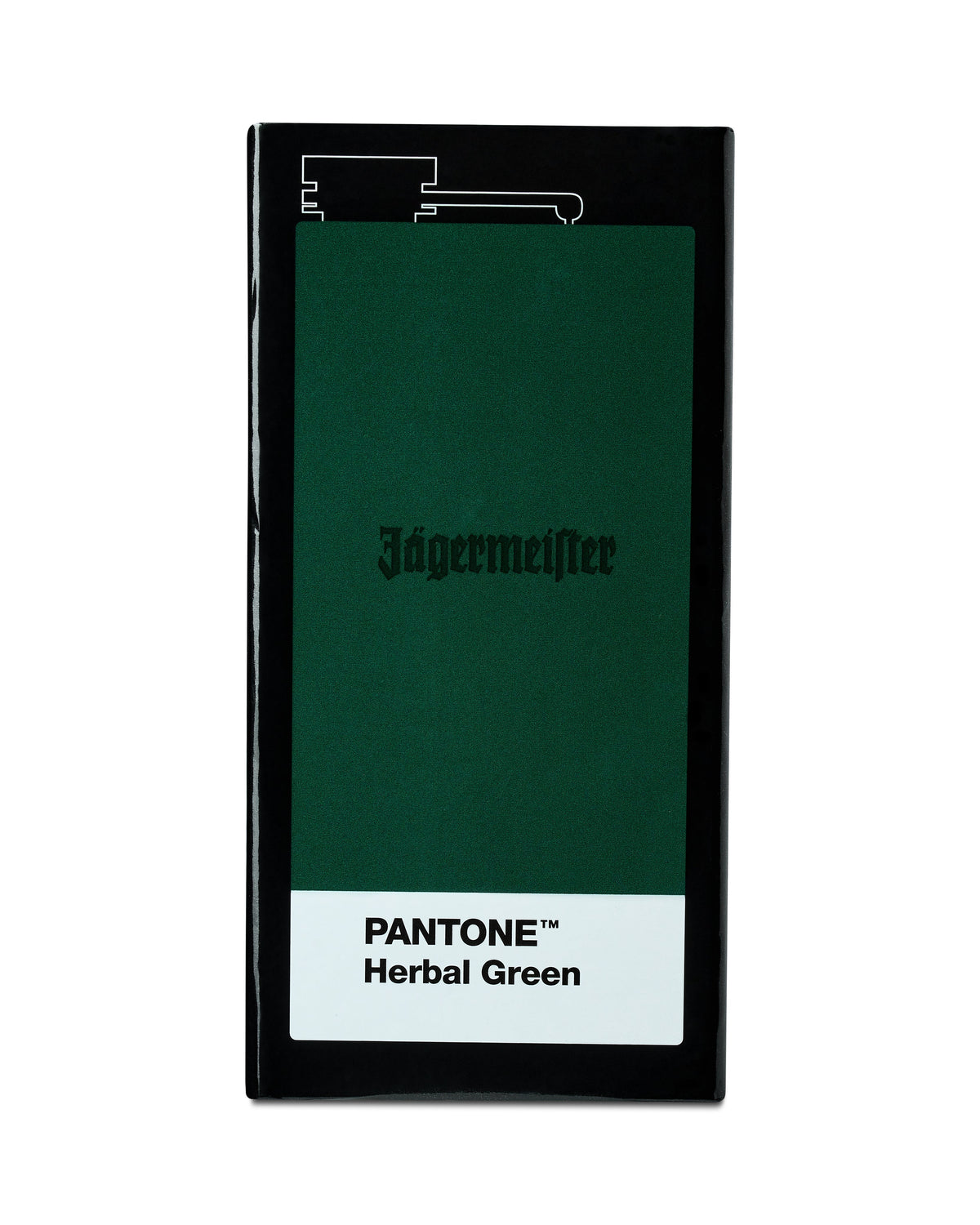 Jägermeister hipflask packaging with Pantone Herbal Green label on a white background