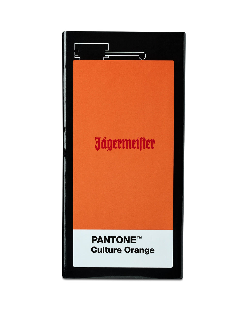 Caja de petaca de Jägermeister con la etiqueta 'PANTONE Culture Orange' sobre fondo blanco