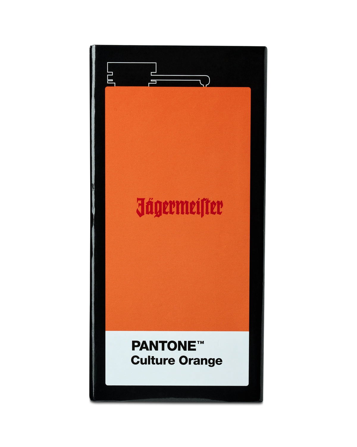 Caja de petaca de Jägermeister con la etiqueta 'PANTONE Culture Orange' sobre fondo blanco