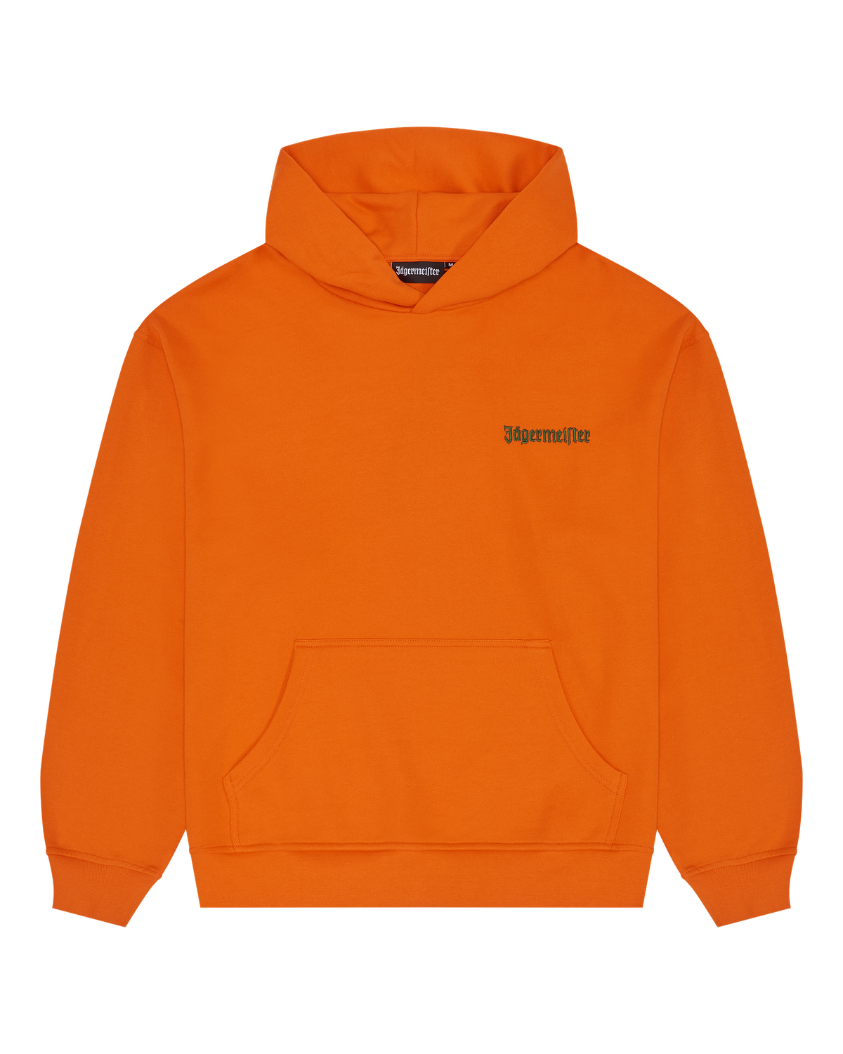 Orange hoodie with a green brand logo on the cheat.