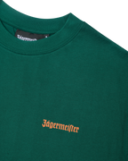 Green Jägermeister t-shirt with an orange Jägermeister wordmark on the chest.