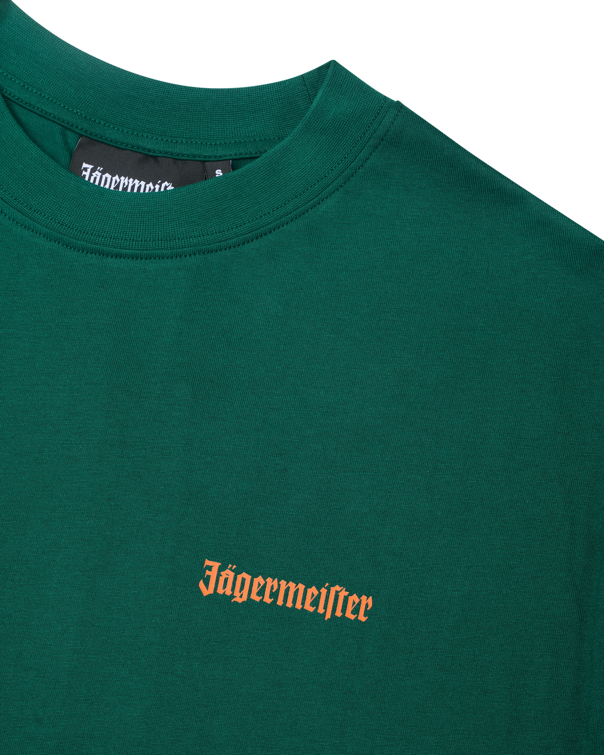 Green Jägermeister t-shirt with an orange Jägermeister wordmark on the chest.