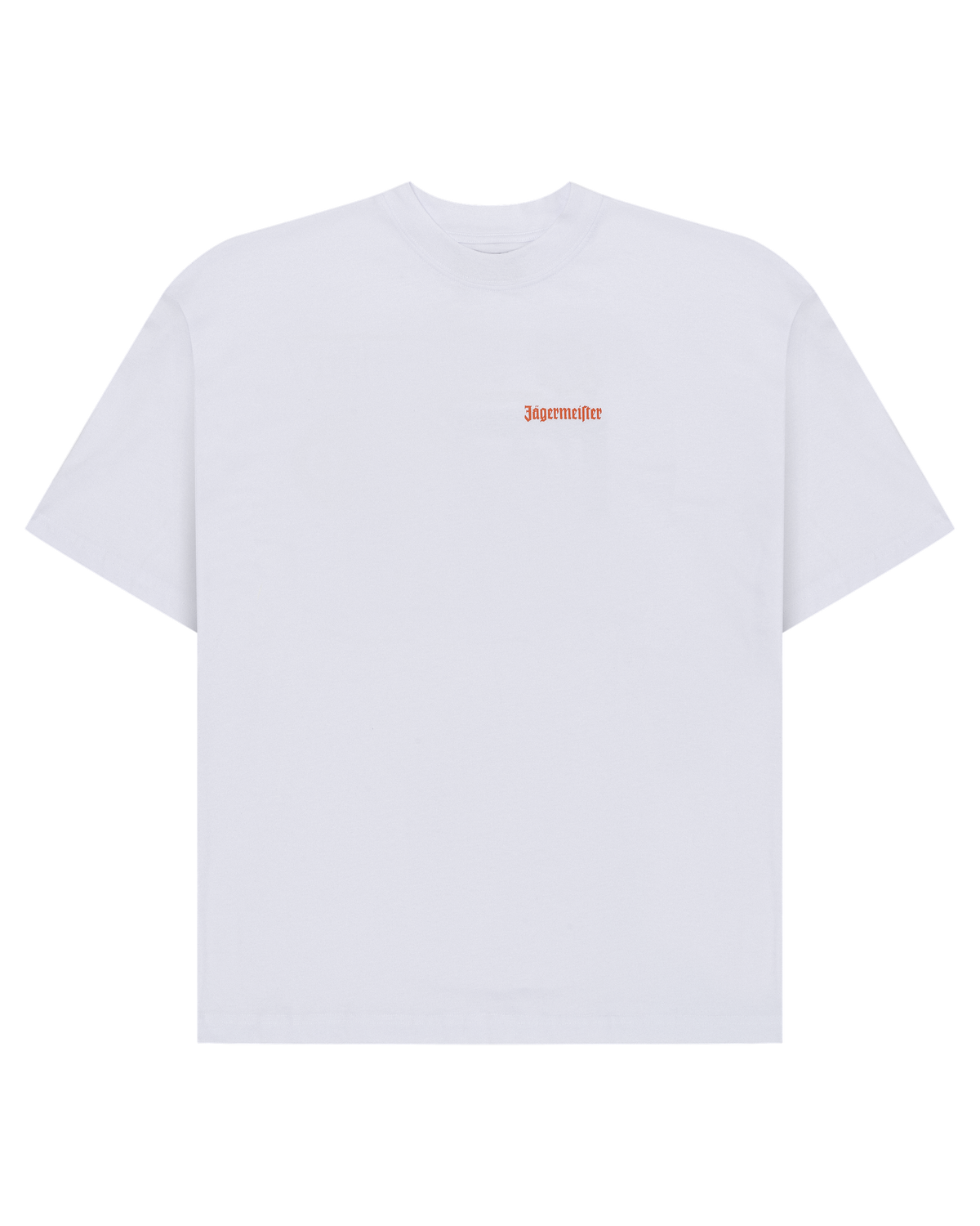 White Jägermeister t-shirt with an orange wordmark logo on the chest.