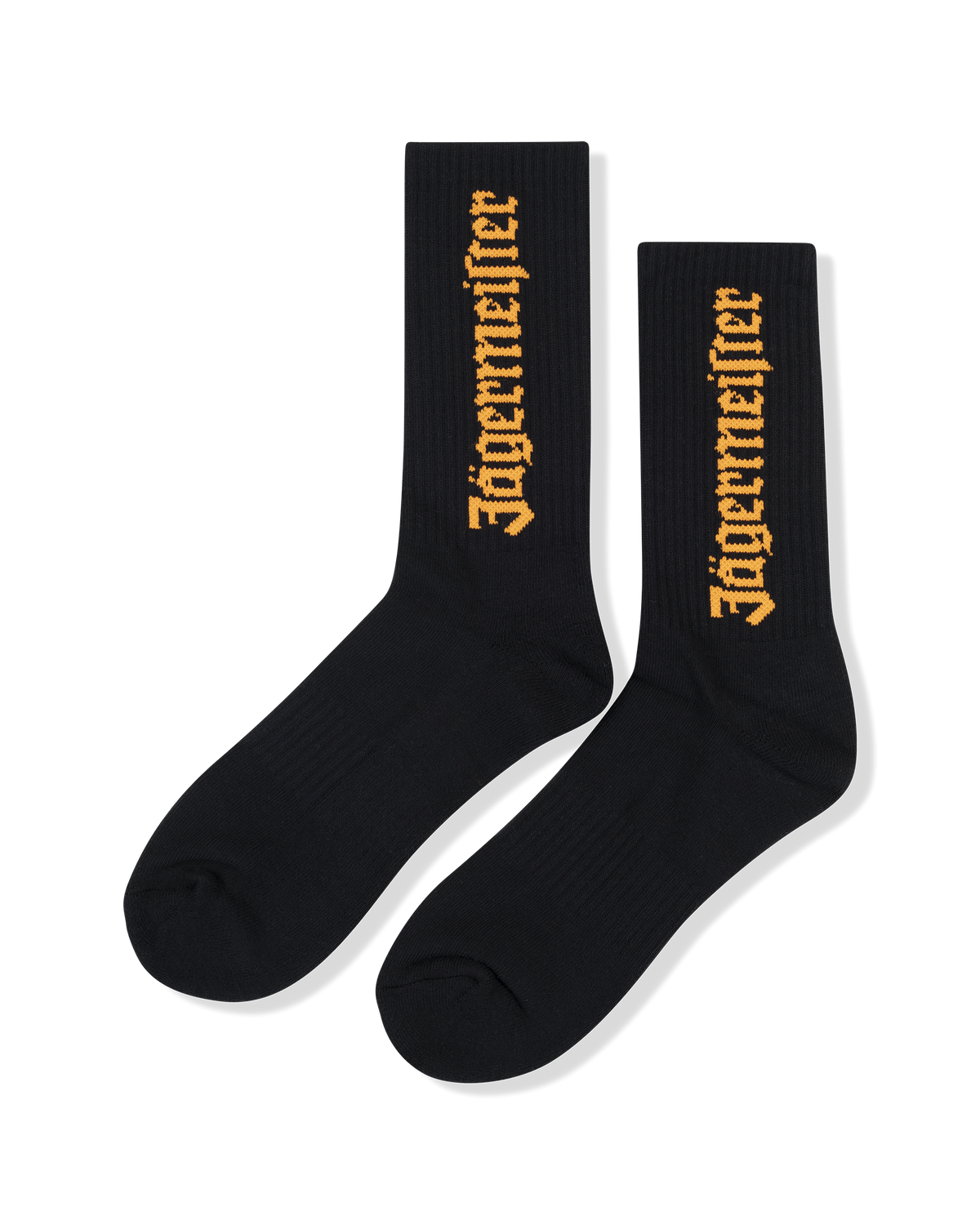 Black socks with an orange Jägermeister wordmark.
