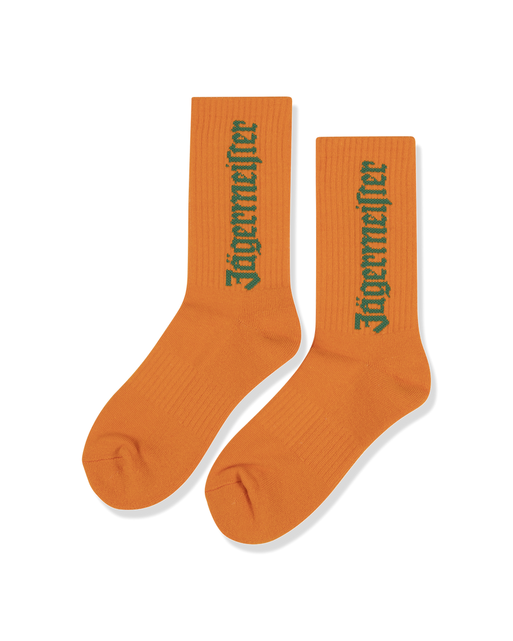 Orange socks with green Jägermeister wordmark.