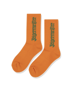 Orange socks with green Jägermeister wordmark.