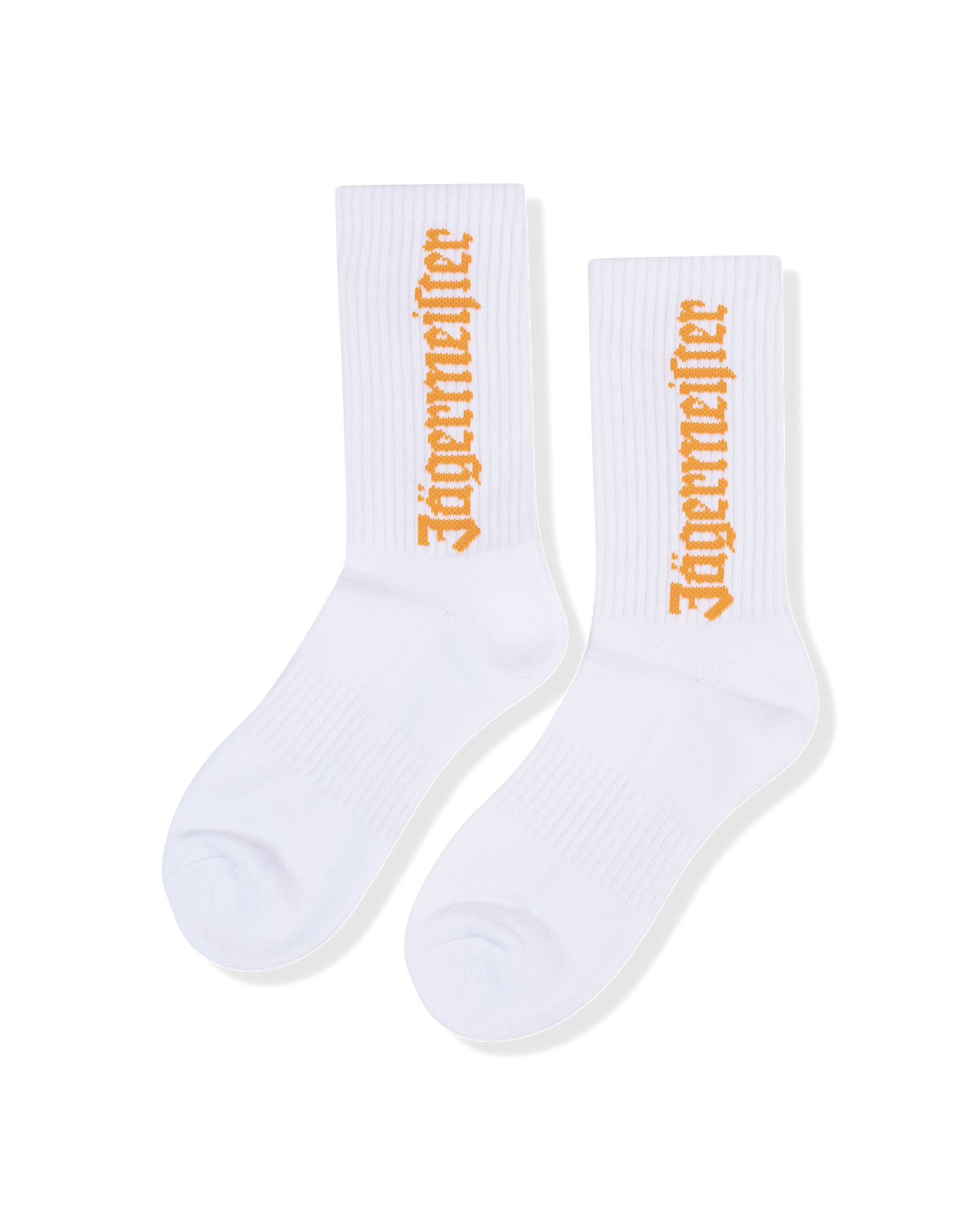 White socks with orange Jägermeister wordmark on a white background.