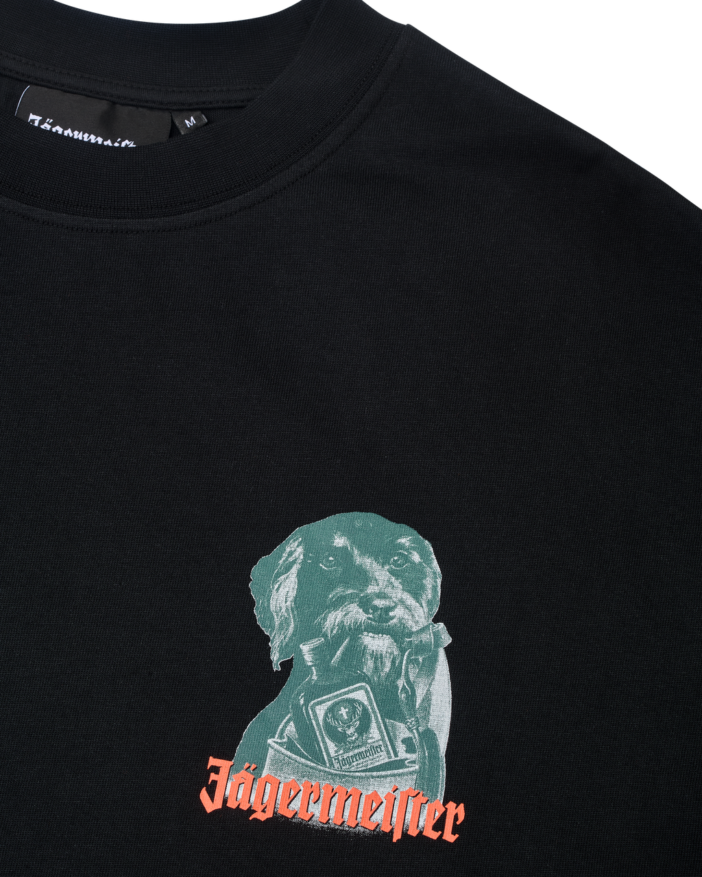 Black Jägermeister T-shirt featuring a small dog graphic logo on the chest.