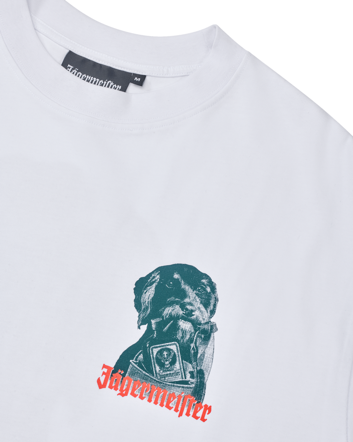 White t-shirt with a graphic of a dog and 'Jägermeister' text on a white background