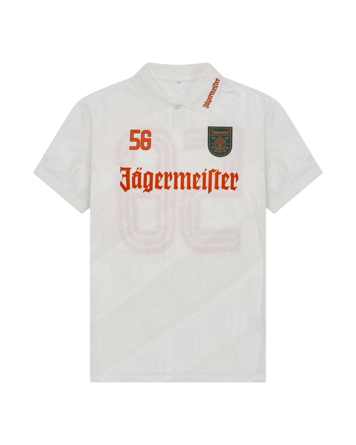 White jersey with orange Jägermeister branding.