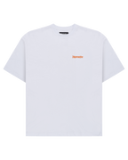 White t-shirt with an orange Jägermeister logo on the chest.