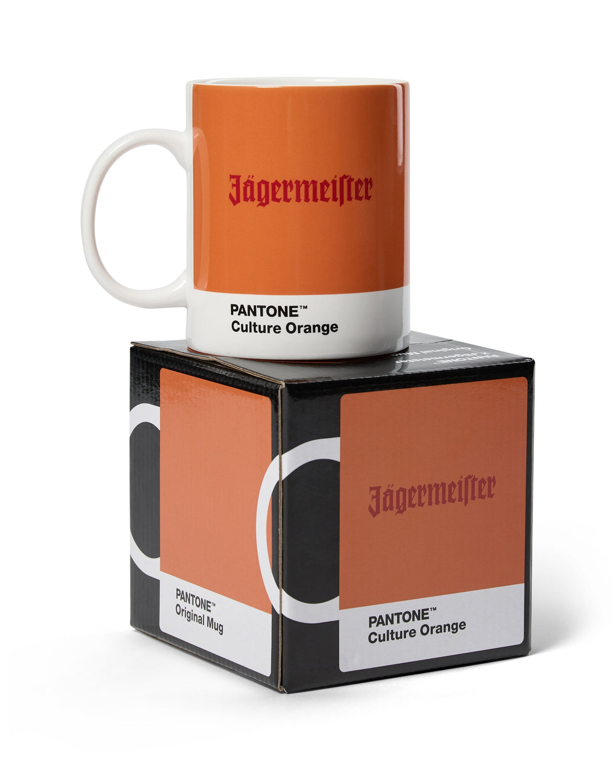 Orange mug with Jägermeister branding on a matching box