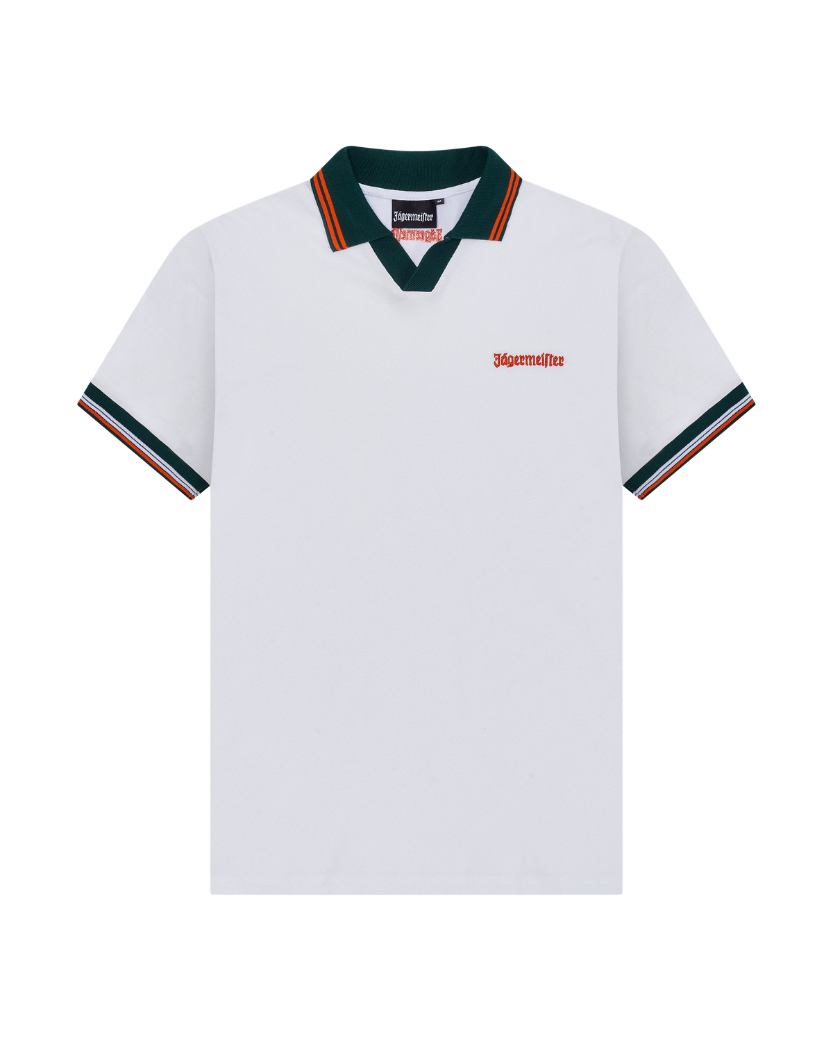 White Jägermeister polo shirt with green and red accents.