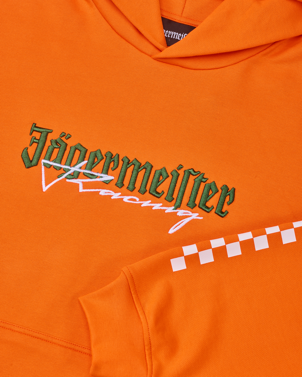 Orange hoodie with a white and green Jägermeister Racing logo.