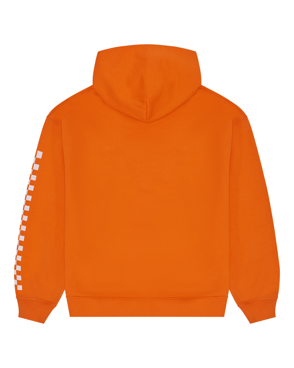 Orange Jägermeister Racing hoodie with white checkered sleeve design.