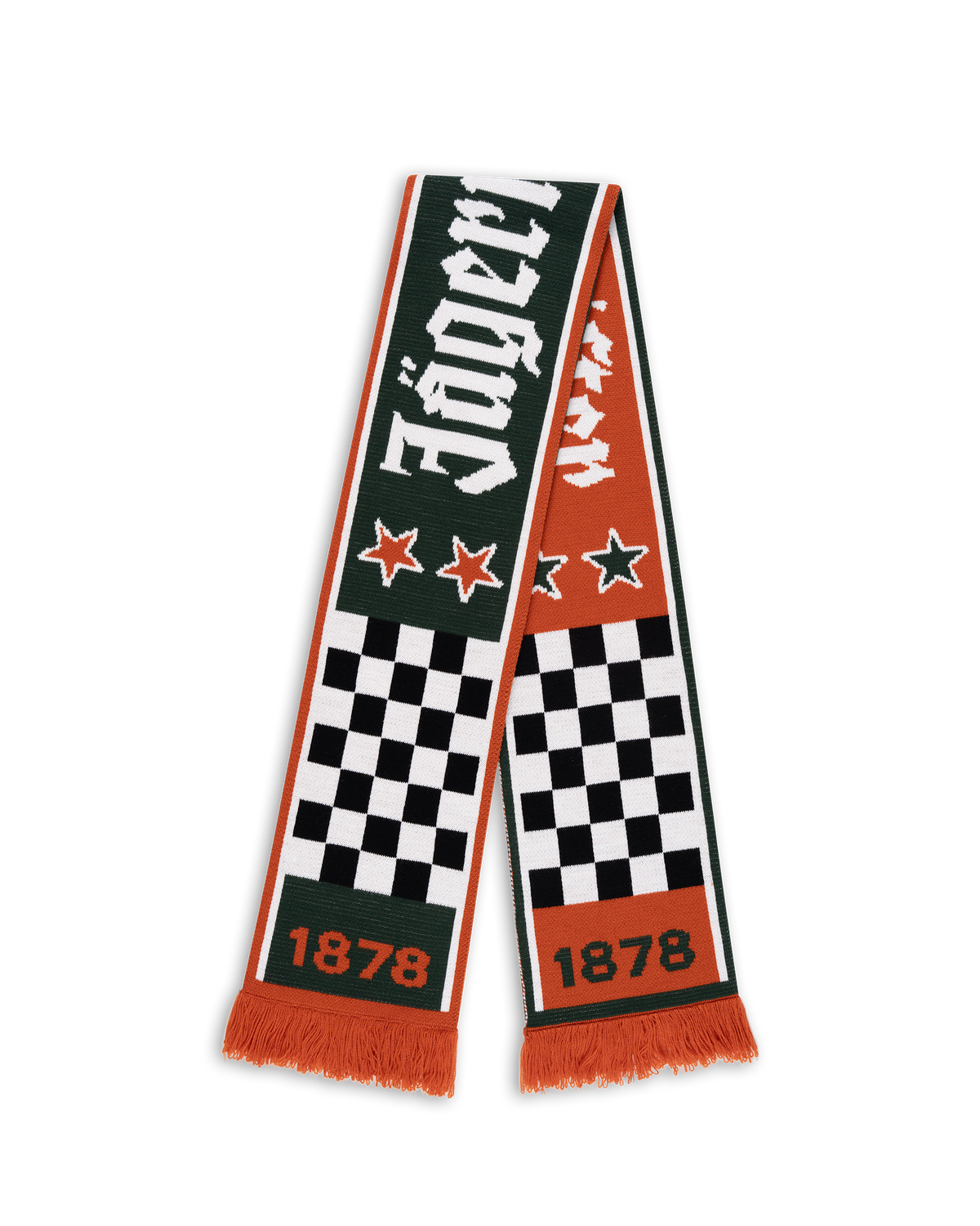 Jägermeister Racing scarf with checkered pattern and stars, showing the Jägermeister wordmark and the founding year 1878 of the company.