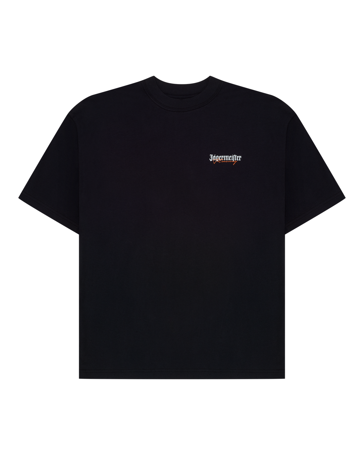 Black Jägermeister racing t-shirt with a small Jägermeister racing logo on the chest against.