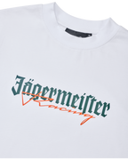 White Jägermeister Racing t-shirt with green and orange logo.