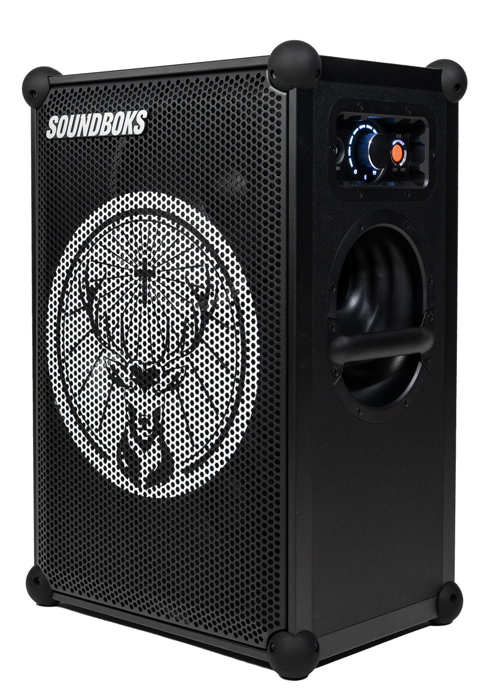 Black Soundboks speaker with Jägermeister brand logo