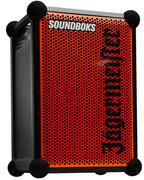 Orange and black portable Soundboks speaker with 'Jägermeister' branding