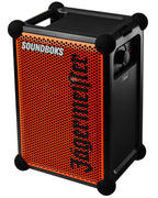 Orange and black portable Soundboks speaker with 'Jägermeister' branding
