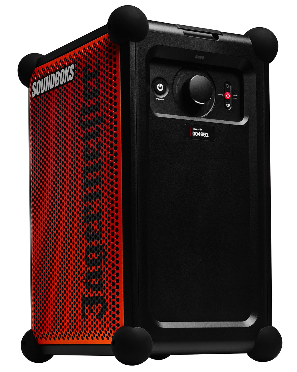 Orange and black portable Soundboks speaker with 'Jägermeister' branding