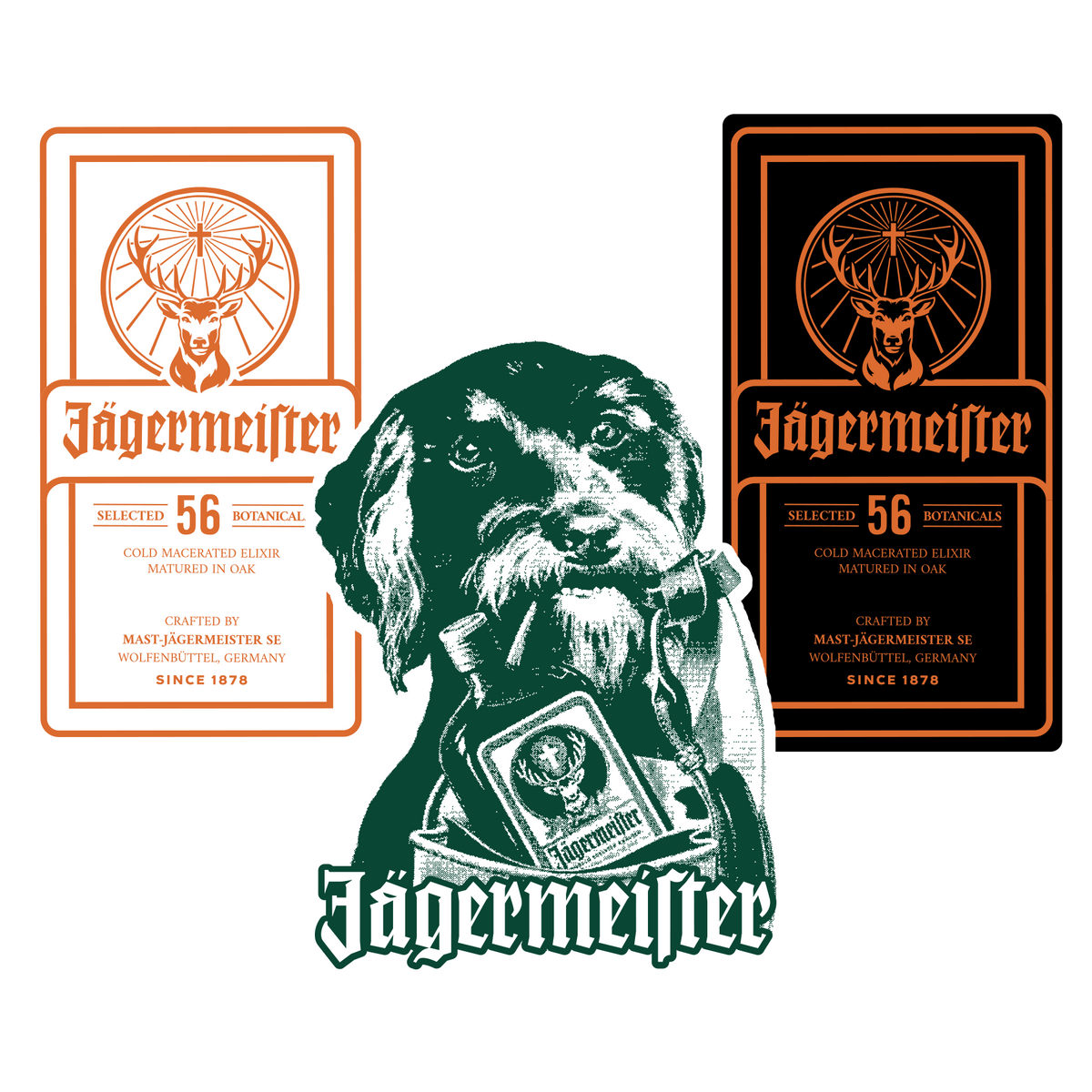 Jägermeister label in white and black with orange logo and logo with a dog holding a Jägermeister bottle label on a white background