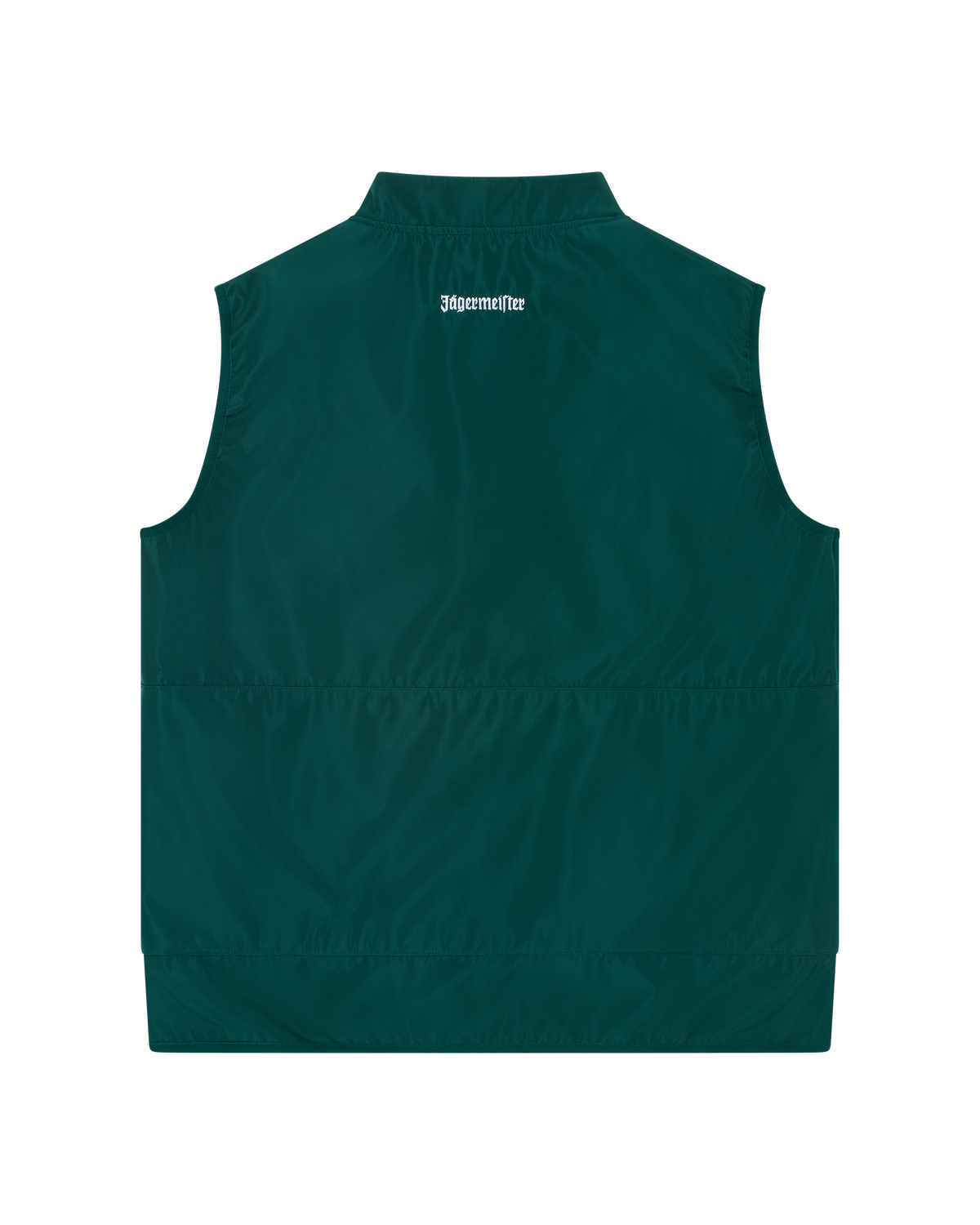 Green Jägermeister vest from the back with a white Jägermeister wordmark.