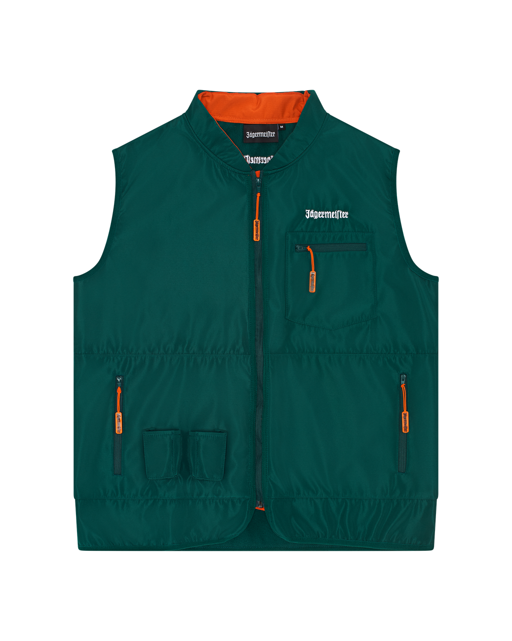 Green Jägermeister tactical vest with orange accents.