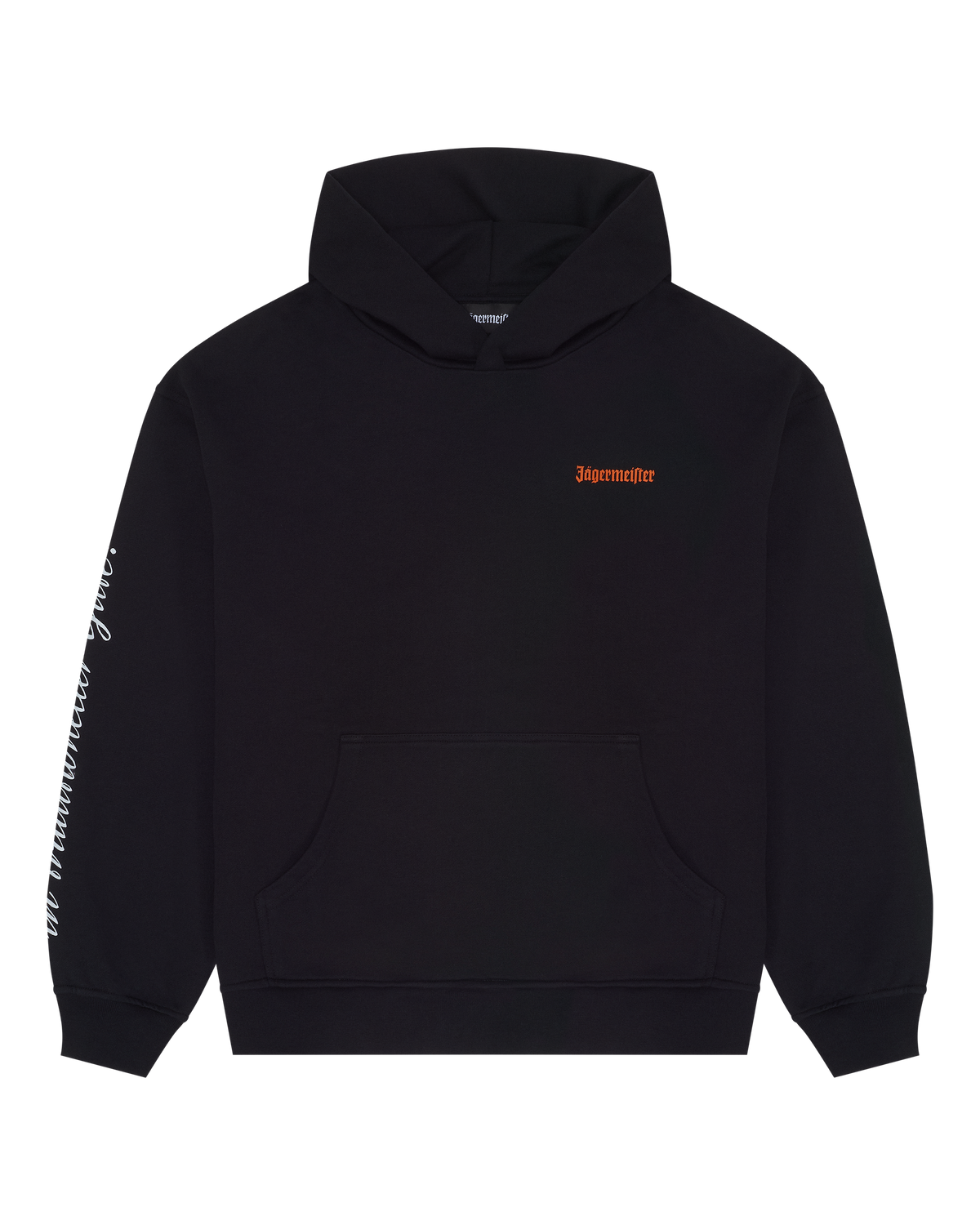Black hoodie with a logo on the chest