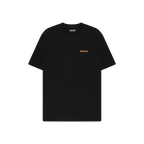 Black t-shirt with a small orange Jägermeister wordmark on the chest.