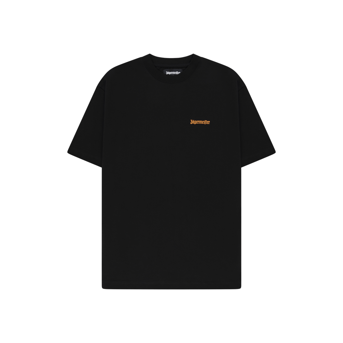 Black t-shirt with a small orange Jägermeister wordmark on the chest.