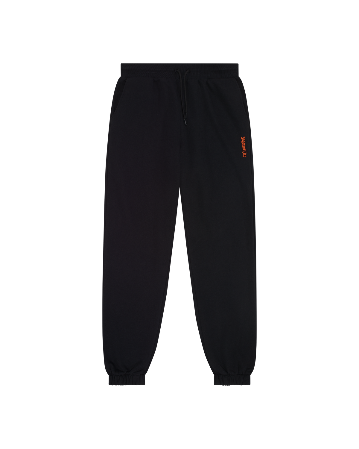 Black sweatpants with a small orange Jägermeister logo.