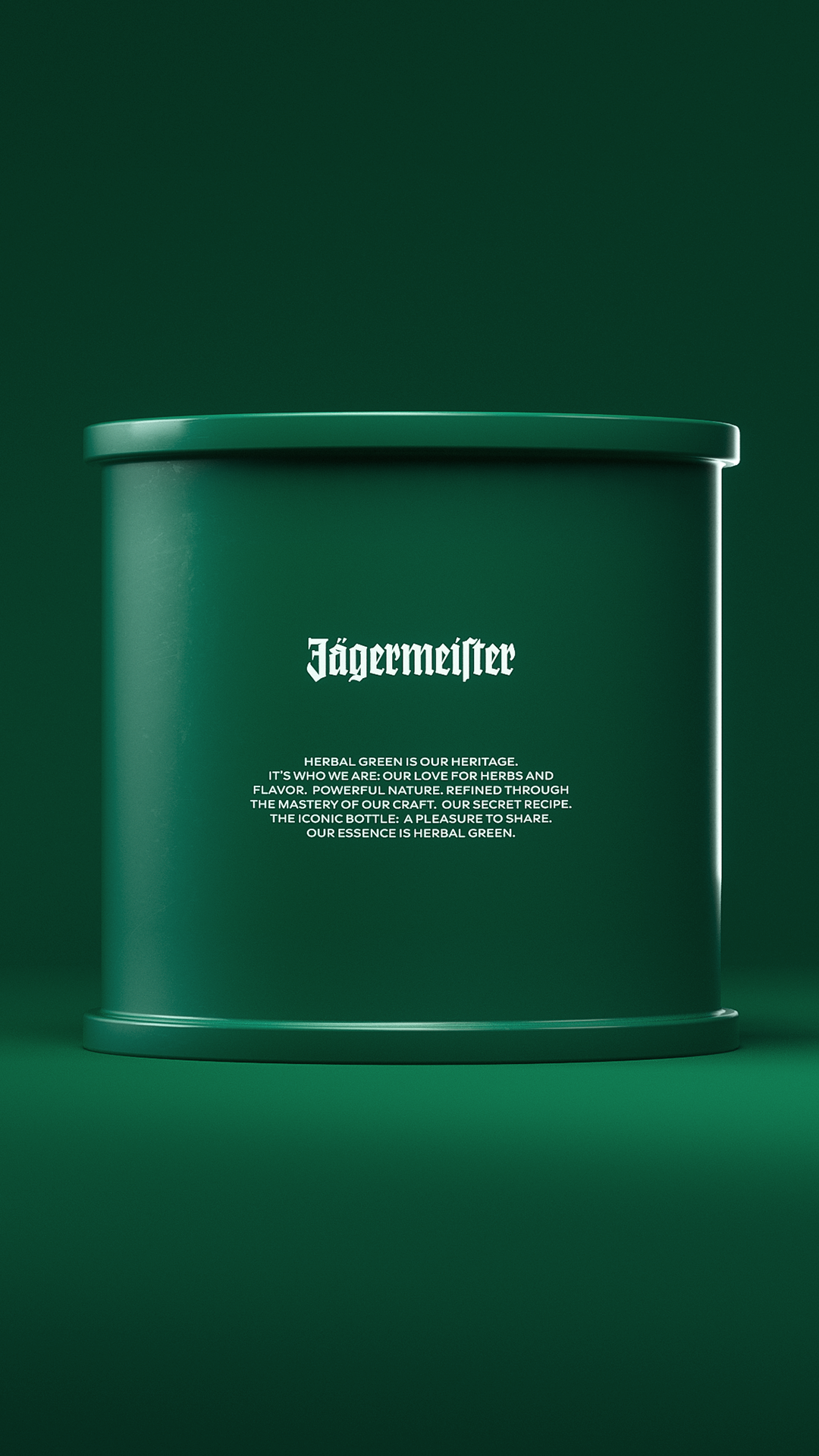 A dark green cylindrical metal tin with the brand name 'Jägermeister' printed in white Gothic lettering, set against a matching dark green background.